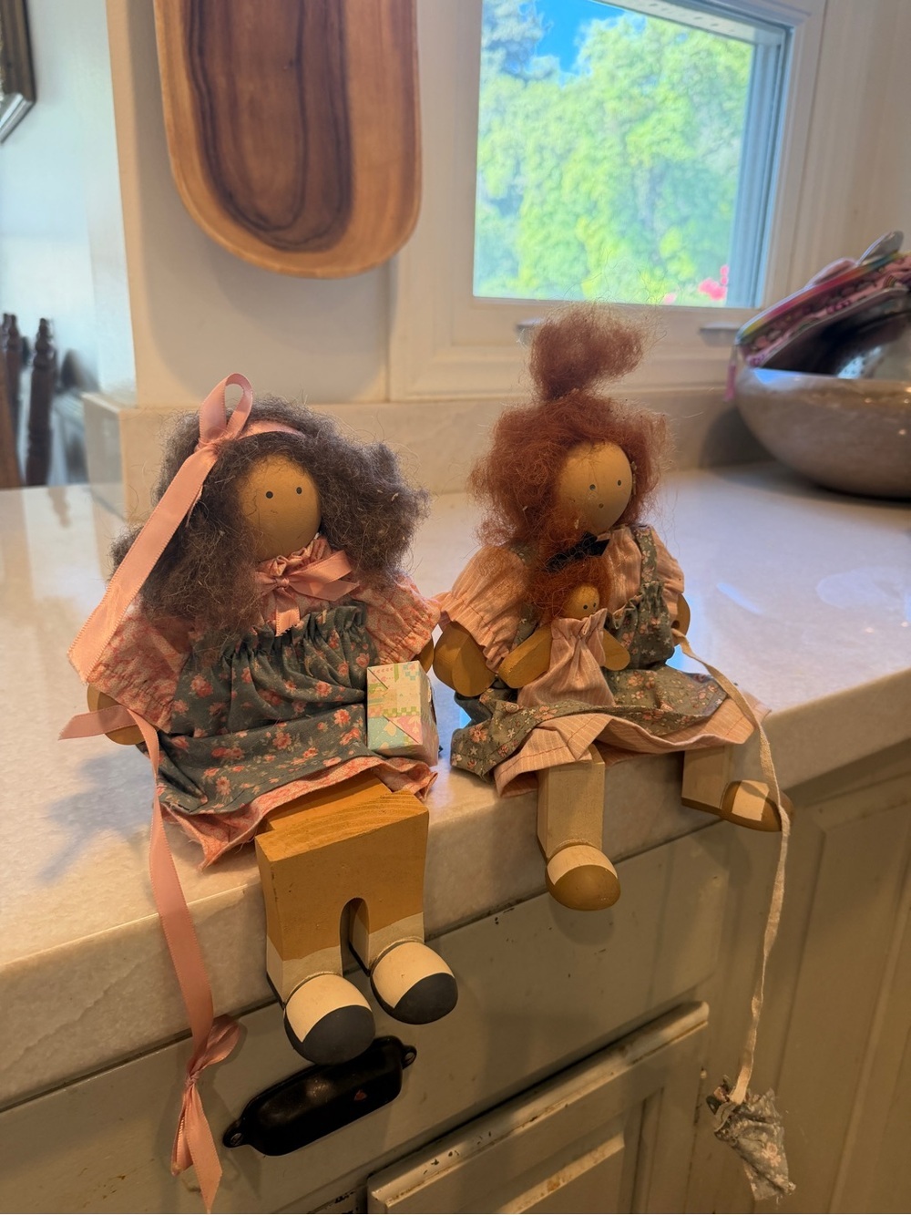 Vintage Pink and Green Sitting Folk Dolls - Vintage Home Accents
